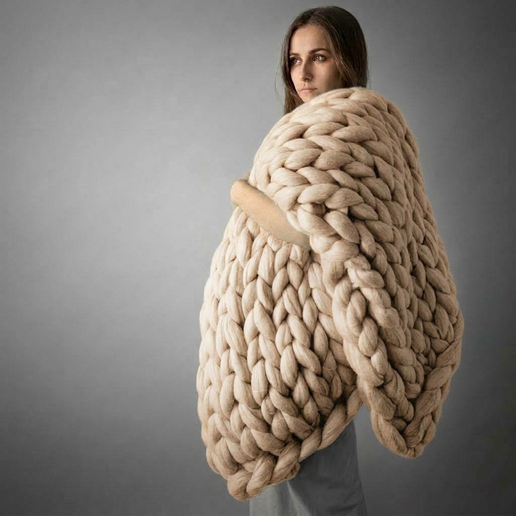 Plaid SOVEN Beige – 100 % Coton à Grosse Maille