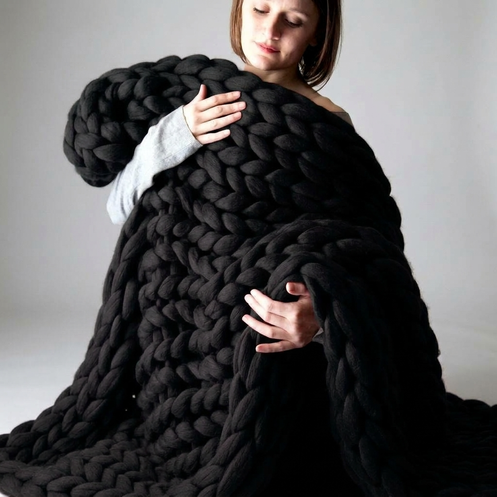 Plaid SOVEN Noir – 100 % Coton à Grosse Maille