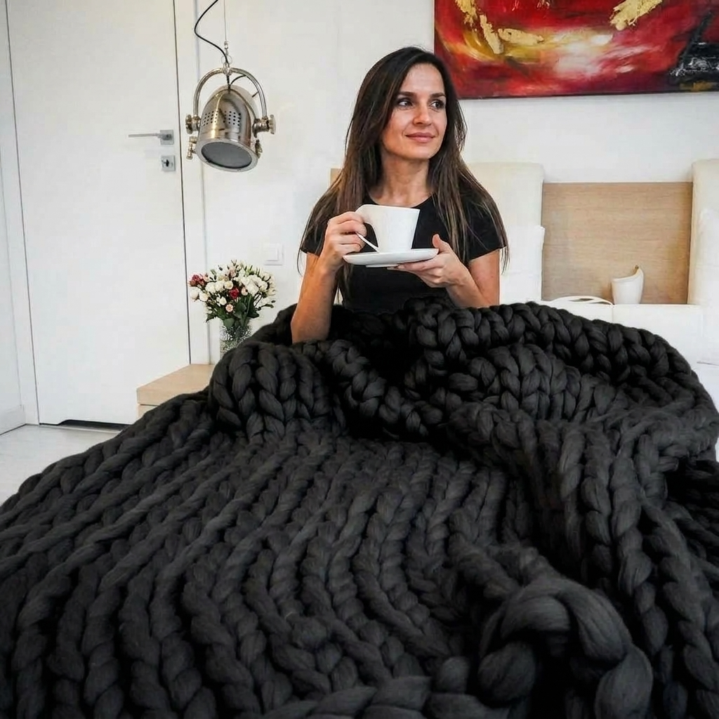 Plaid SOVEN Noir – 100 % Coton à Grosse Maille
