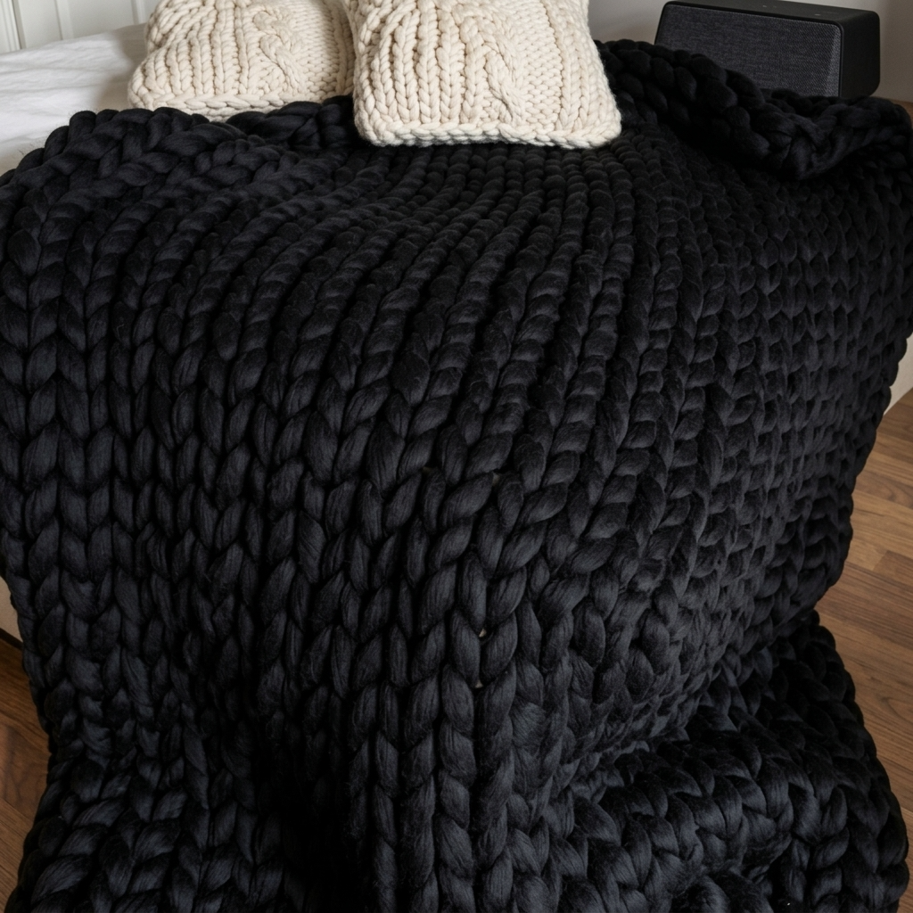 Plaid SOVEN Noir – 100 % Coton à Grosse Maille