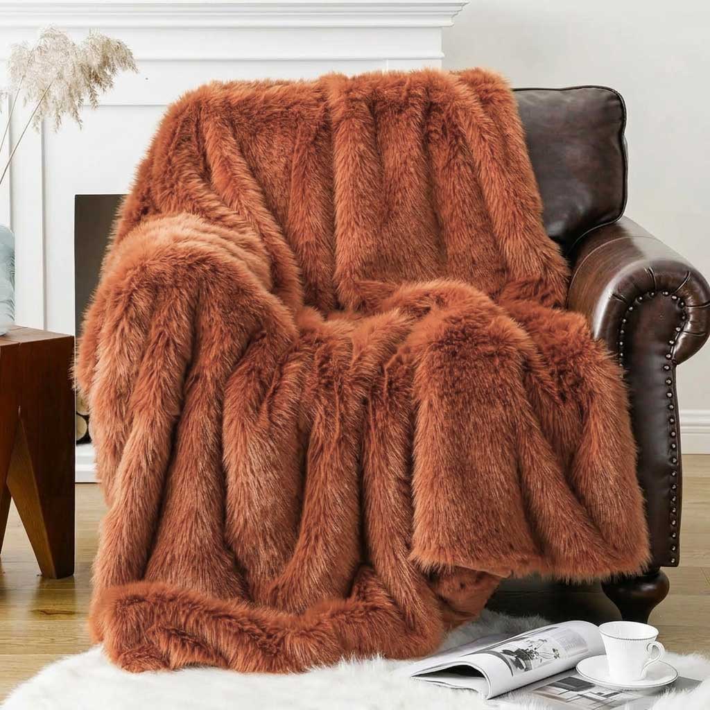 Plaid ALBA Terracotta – Fausse Fourrure Douce à Poils Longs