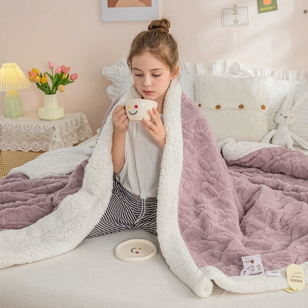 Plaid OSLO Violet – Polaire Sherpa à Motifs Géométriques