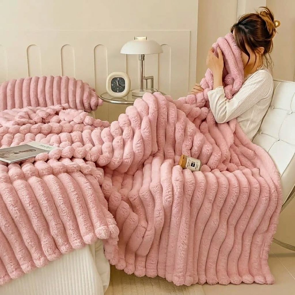 Plaid LOVA Rose – Fausse Fourrure Côtelée Douce et Épaisse