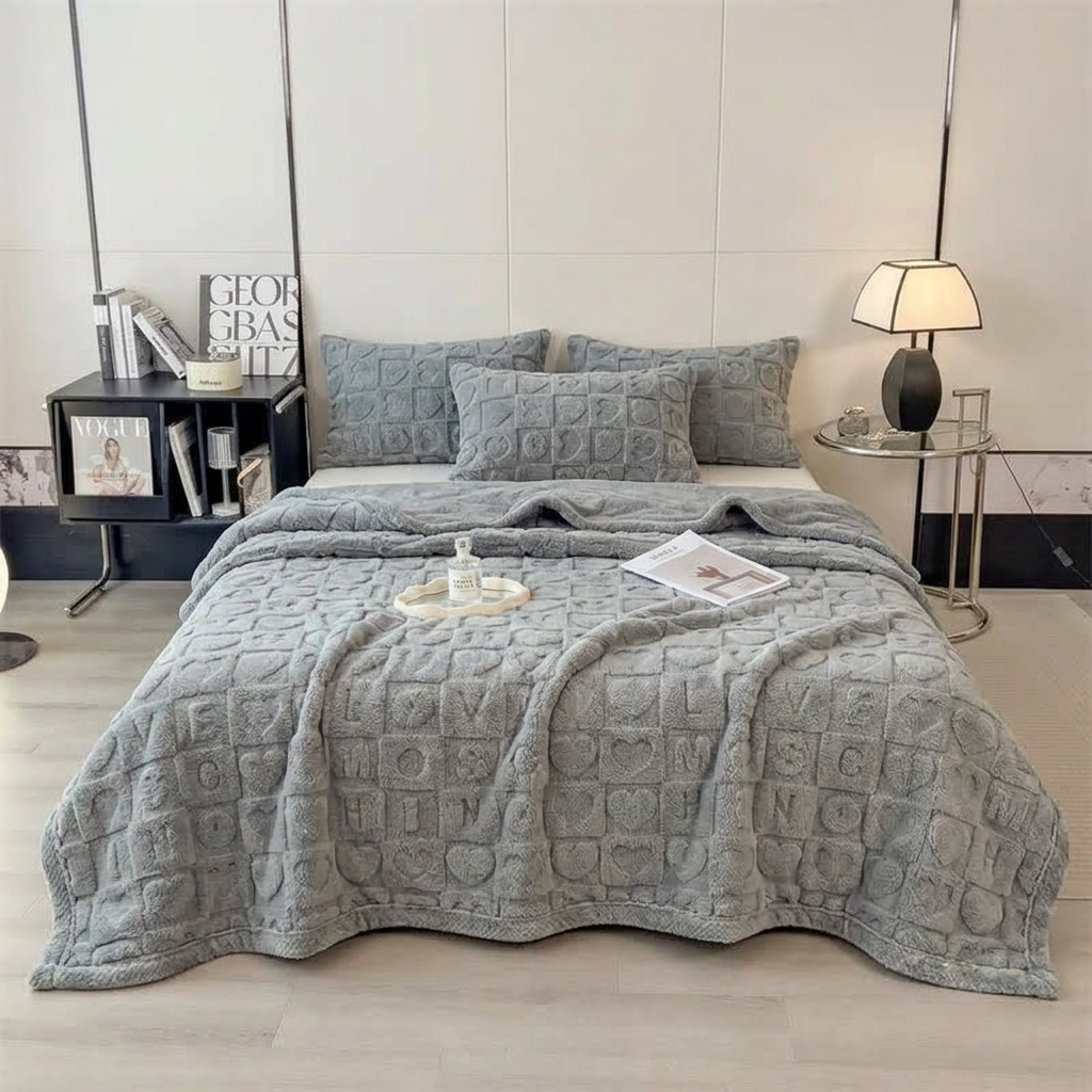 Plaid MILA Gris – Polaire Douce à Motifs Cœur en Relief