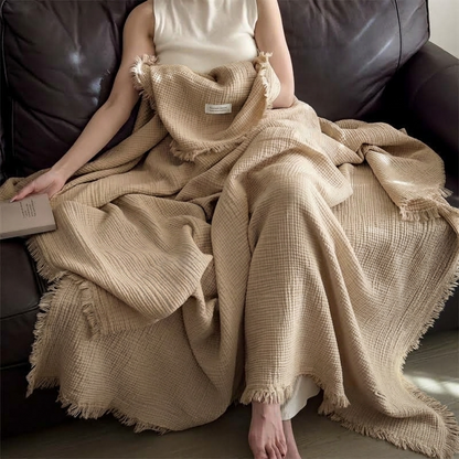 Plaid NAYA Taupe – 100 % Coton 4 Épaisseurs à Franges
