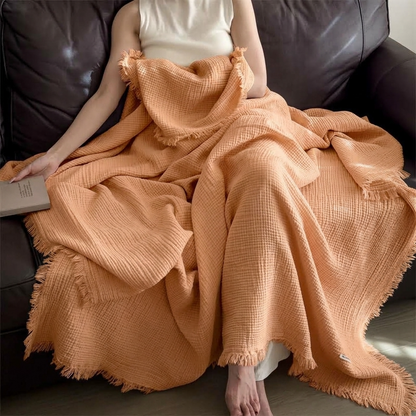 Plaid NAYA Orange – 100 % Coton 4 Épaisseurs à Franges