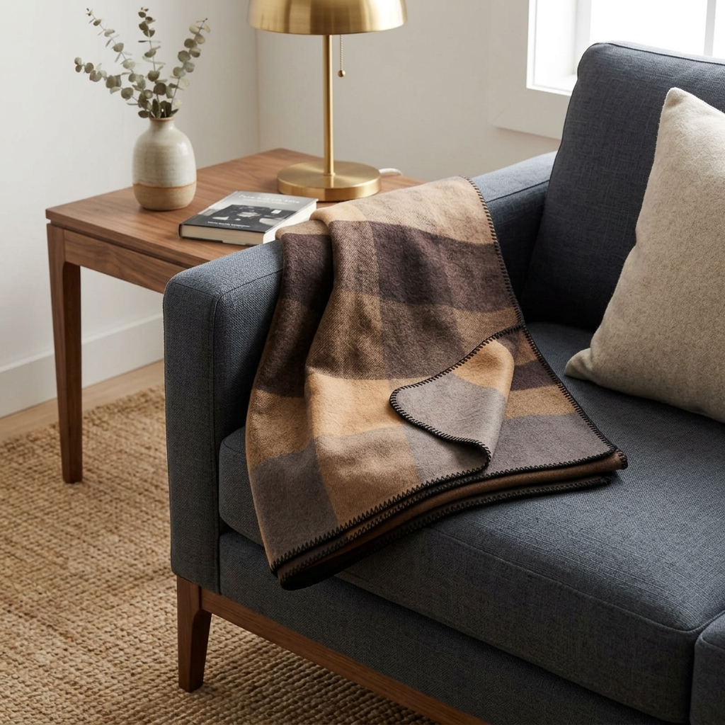 Plaid NOAH – 100 % Laine à Rayures Camel & Marron