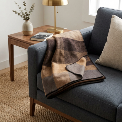 Plaid NOAH – 100 % Laine à Rayures Camel & Marron
