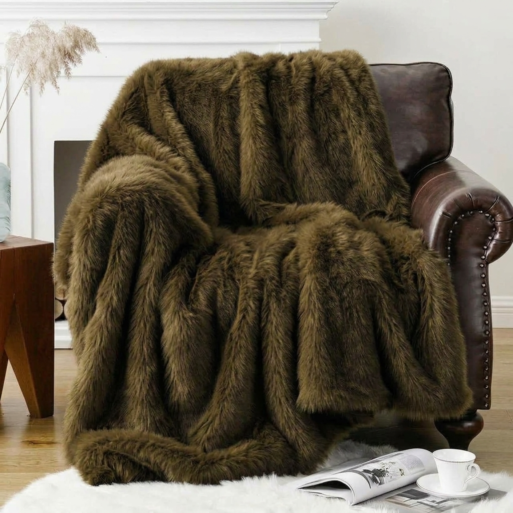 Plaid ALBA Kaki – Fausse Fourrure Douce à Poils Longs
