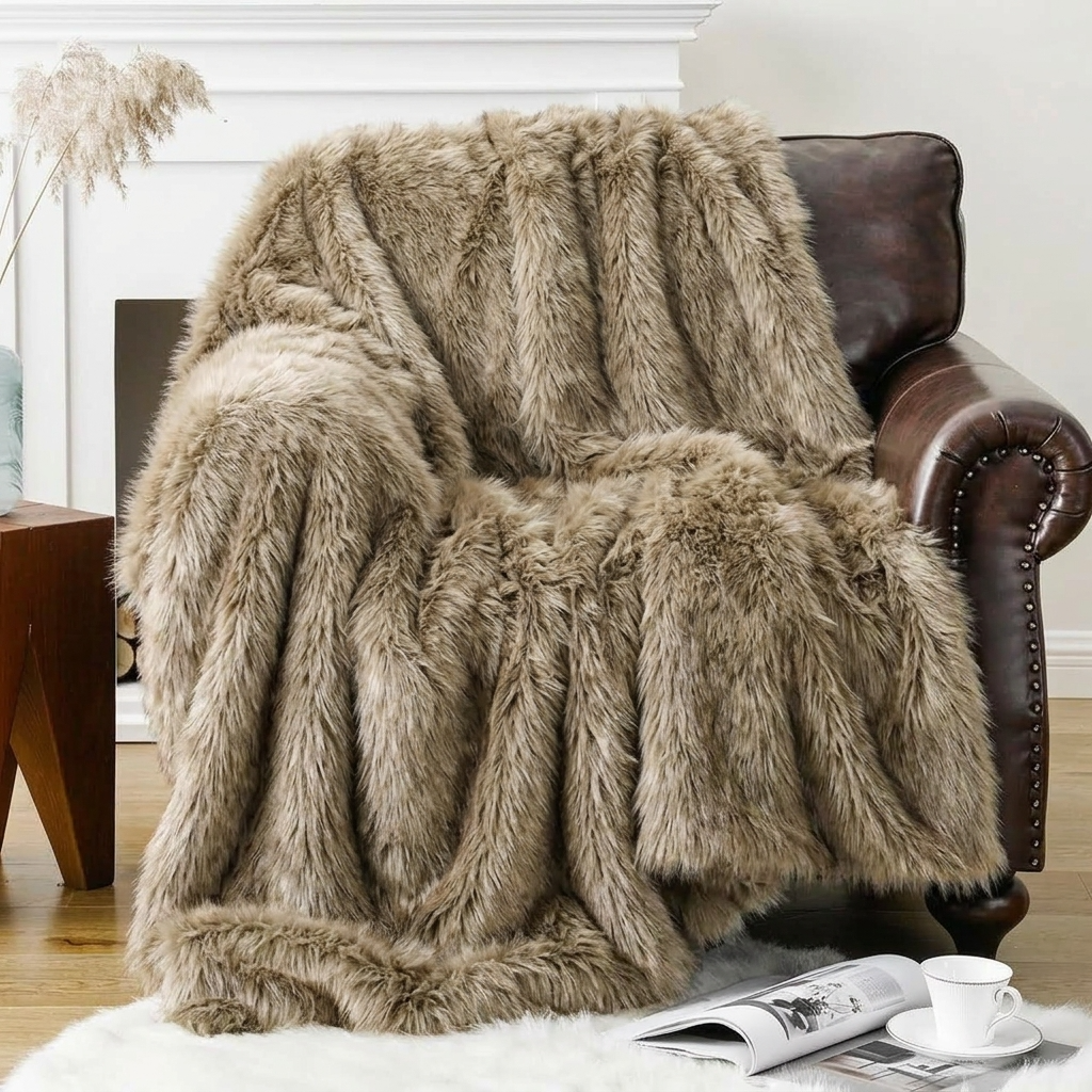 Plaid ALBA Taupe – Fausse Fourrure Douce à Poils Longs