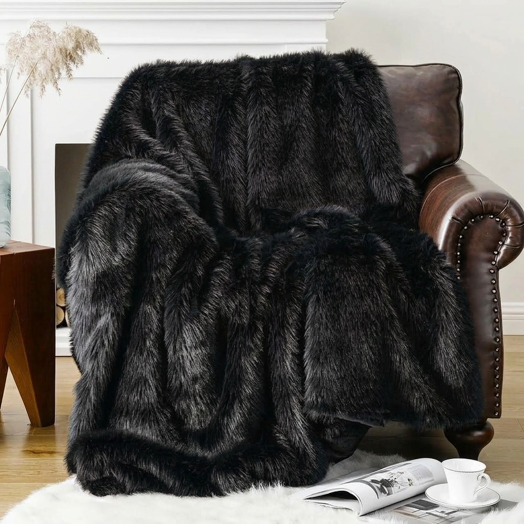 Plaid ALBA Noir – Fausse Fourrure Douce à Poils Longs