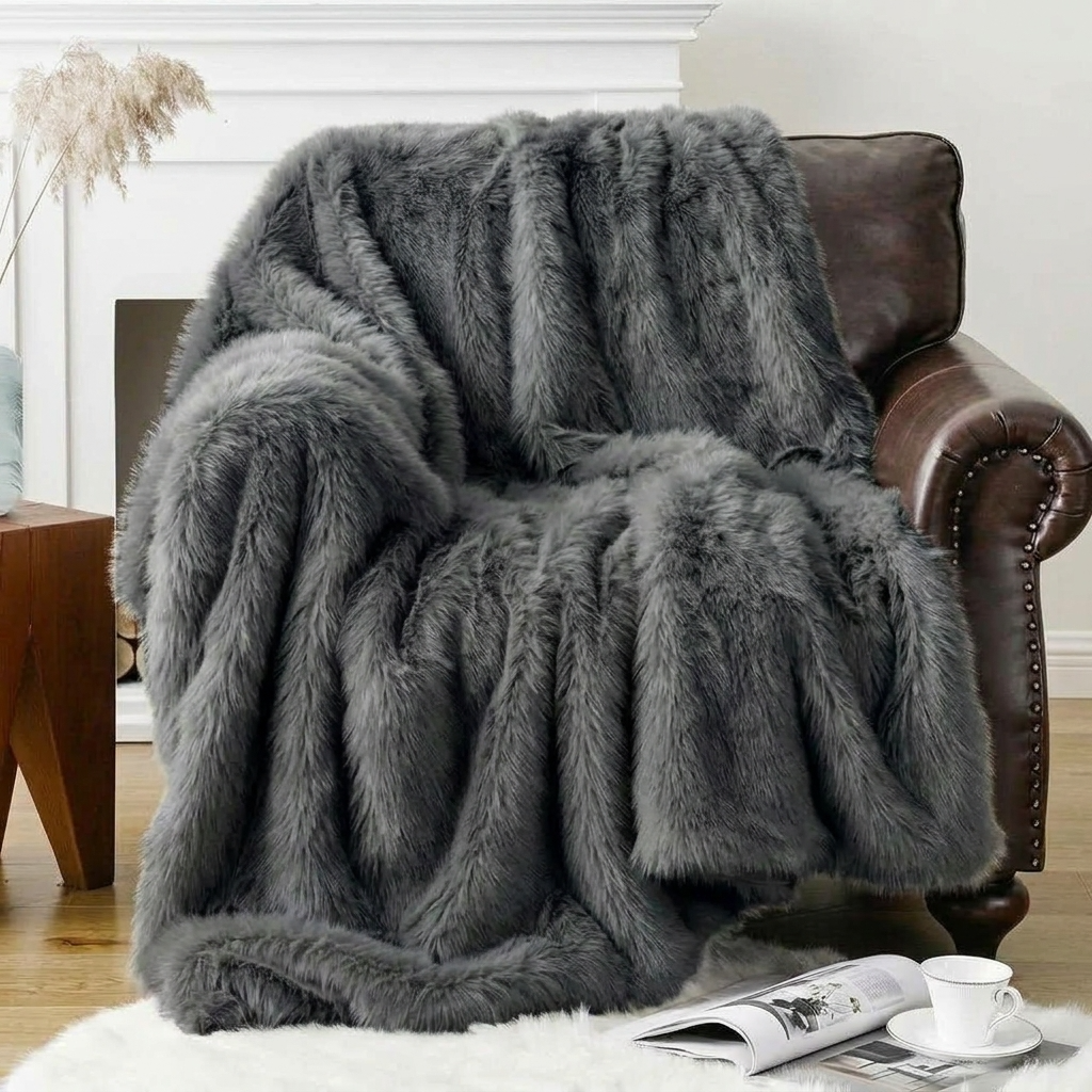 Plaid ALBA Gris – Fausse Fourrure Douce à Poils Longs