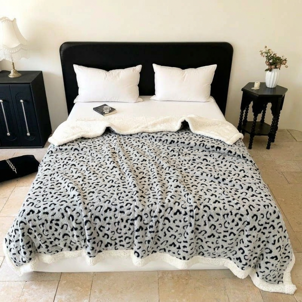 Plaid ZOÉ Gris – Polaire Douce à Motif Léopard