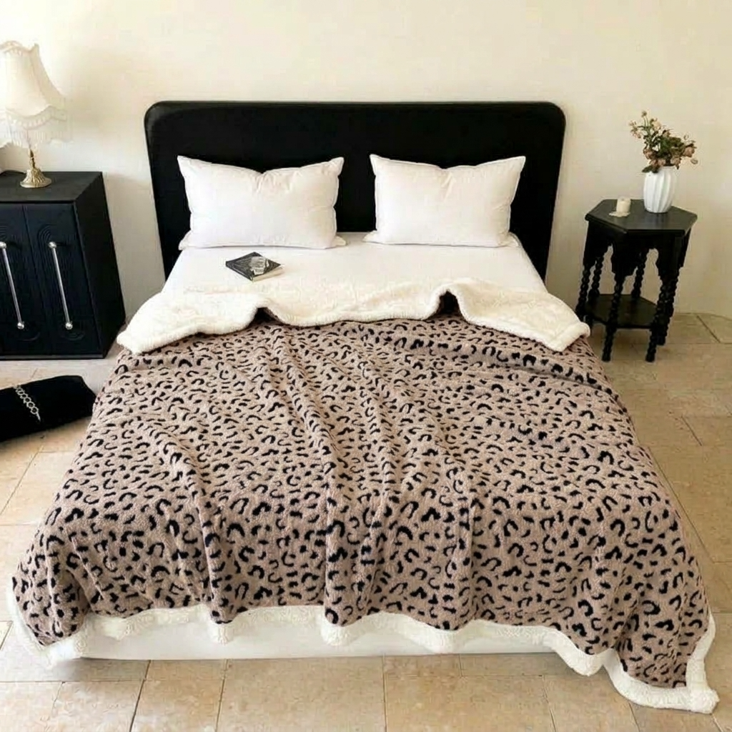 Plaid ZOÉ Taupe – Polaire Douce à Motif Léopard