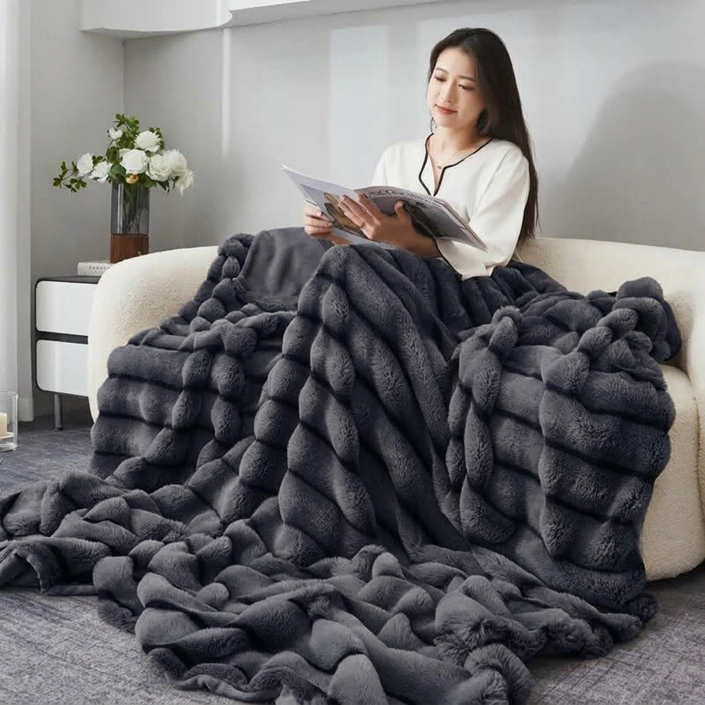 Plaid ROMY Anthracite – Fausse Fourrure Moelleuse à Relief Rayé