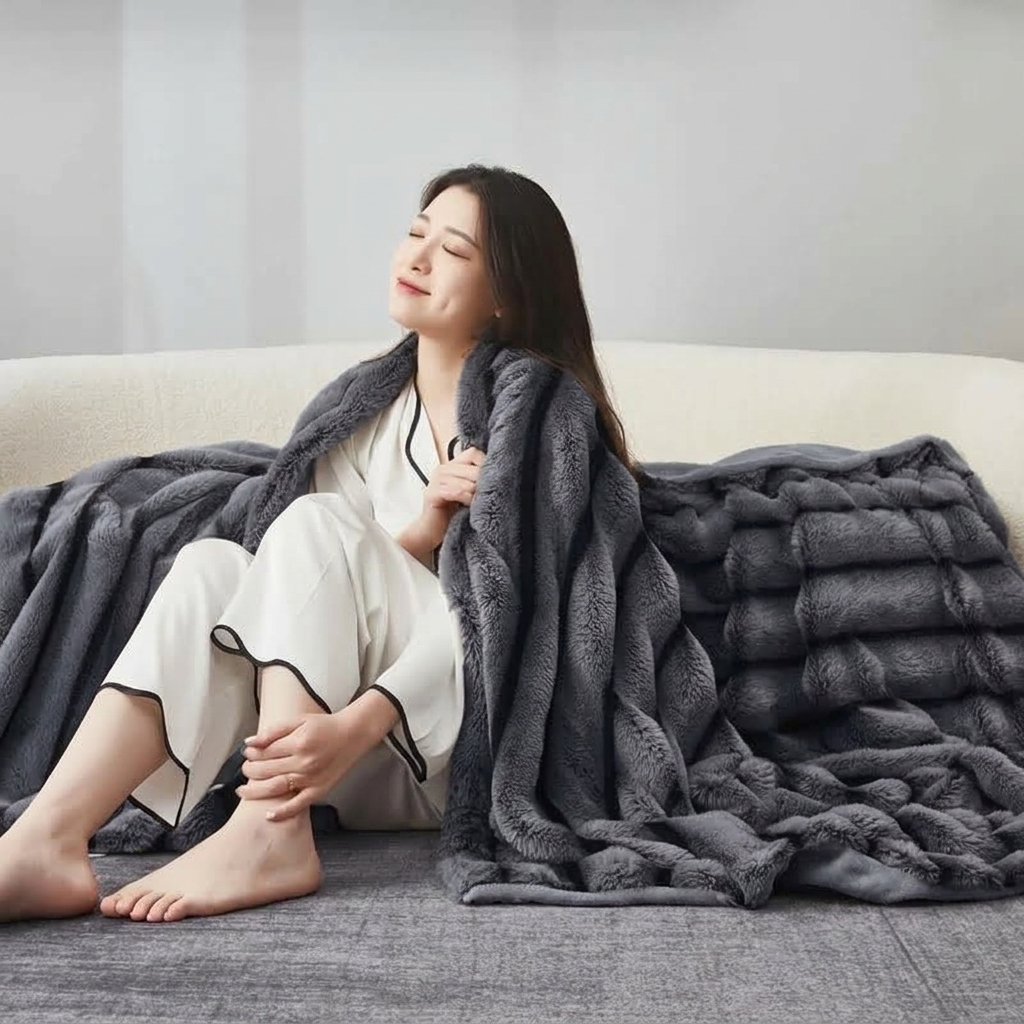 Plaid ROMY Anthracite – Fausse Fourrure Moelleuse à Relief Rayé