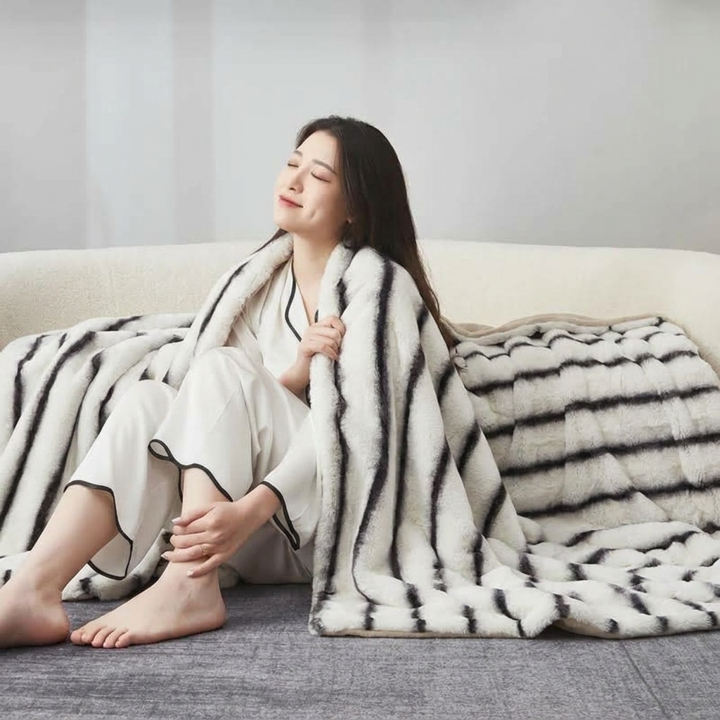 Plaid ROMY Blanc – Fausse Fourrure Moelleuse à Relief Rayé