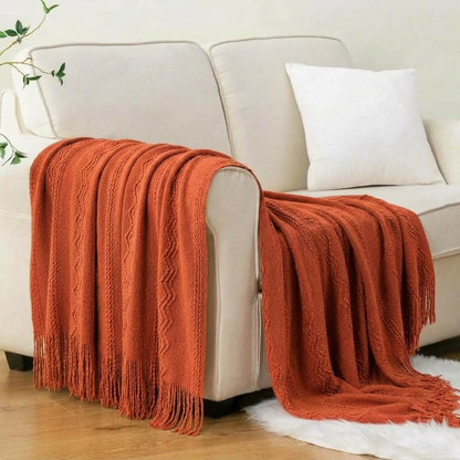 Plaid VELEN Orange – Tricoté à Motifs en Relief & Franges