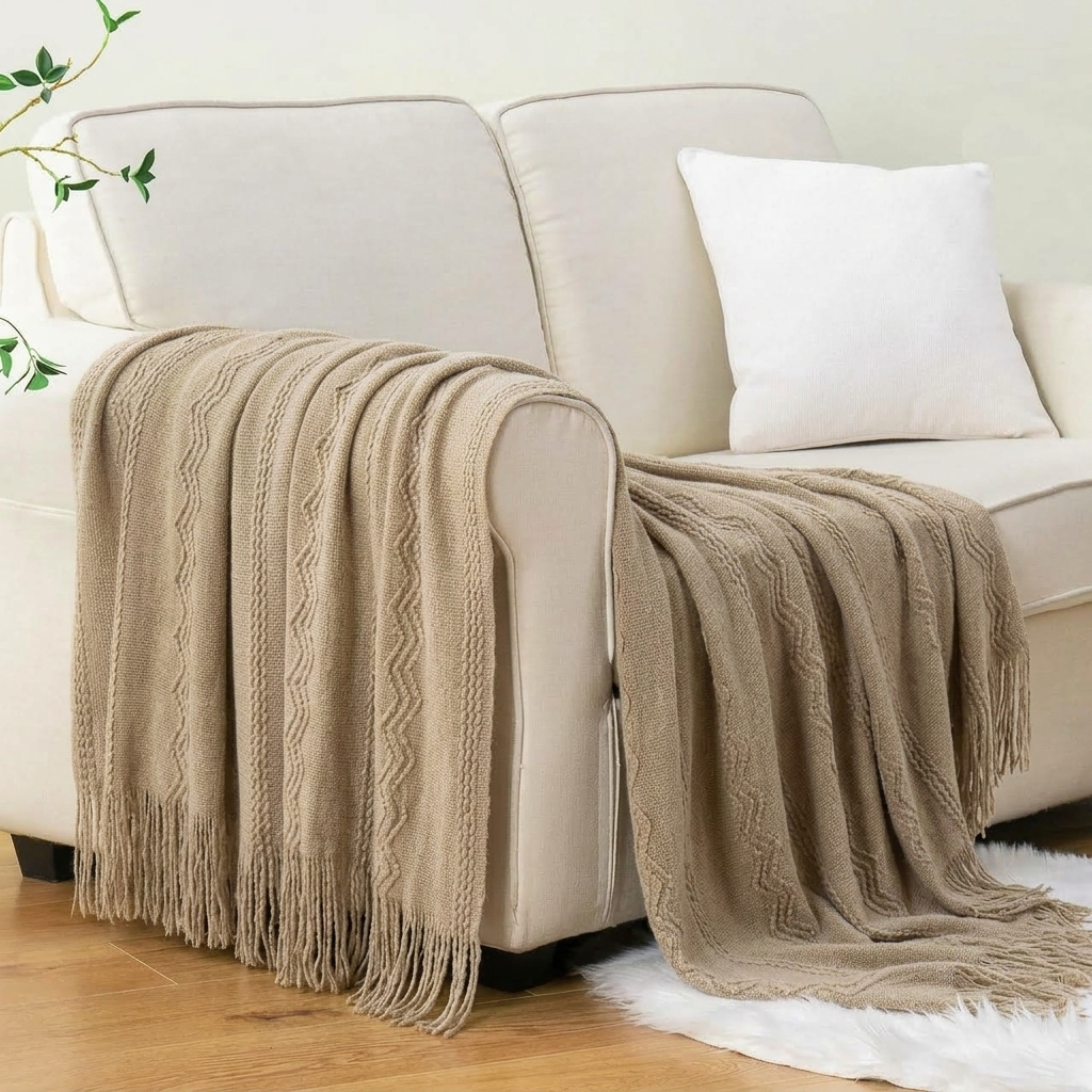 Plaid VELEN Beige – Tricoté à Motifs en Relief & Franges