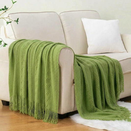 Plaid VELEN Olive – Tricoté à Motifs en Relief & Franges