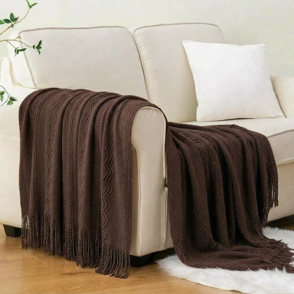 Plaid VELEN Marron – Tricoté à Motifs en Relief & Franges