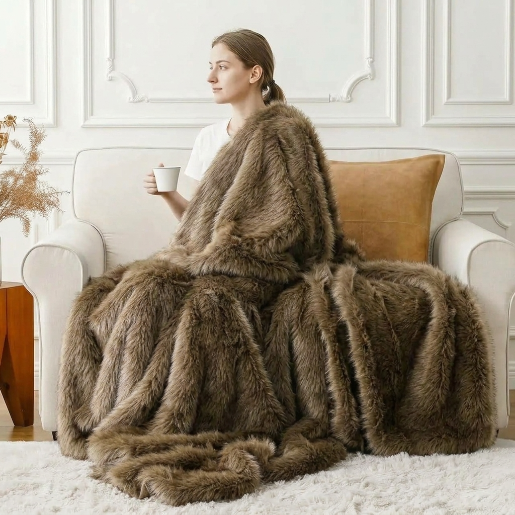 Plaid ALBA Taupe – Fausse Fourrure Douce à Poils Longs