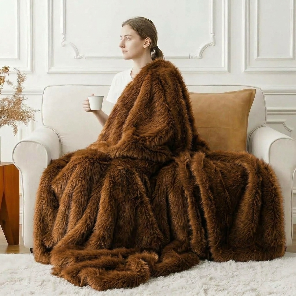 Plaid ALBA Chocolat – Fausse Fourrure Douce à Poils Longs